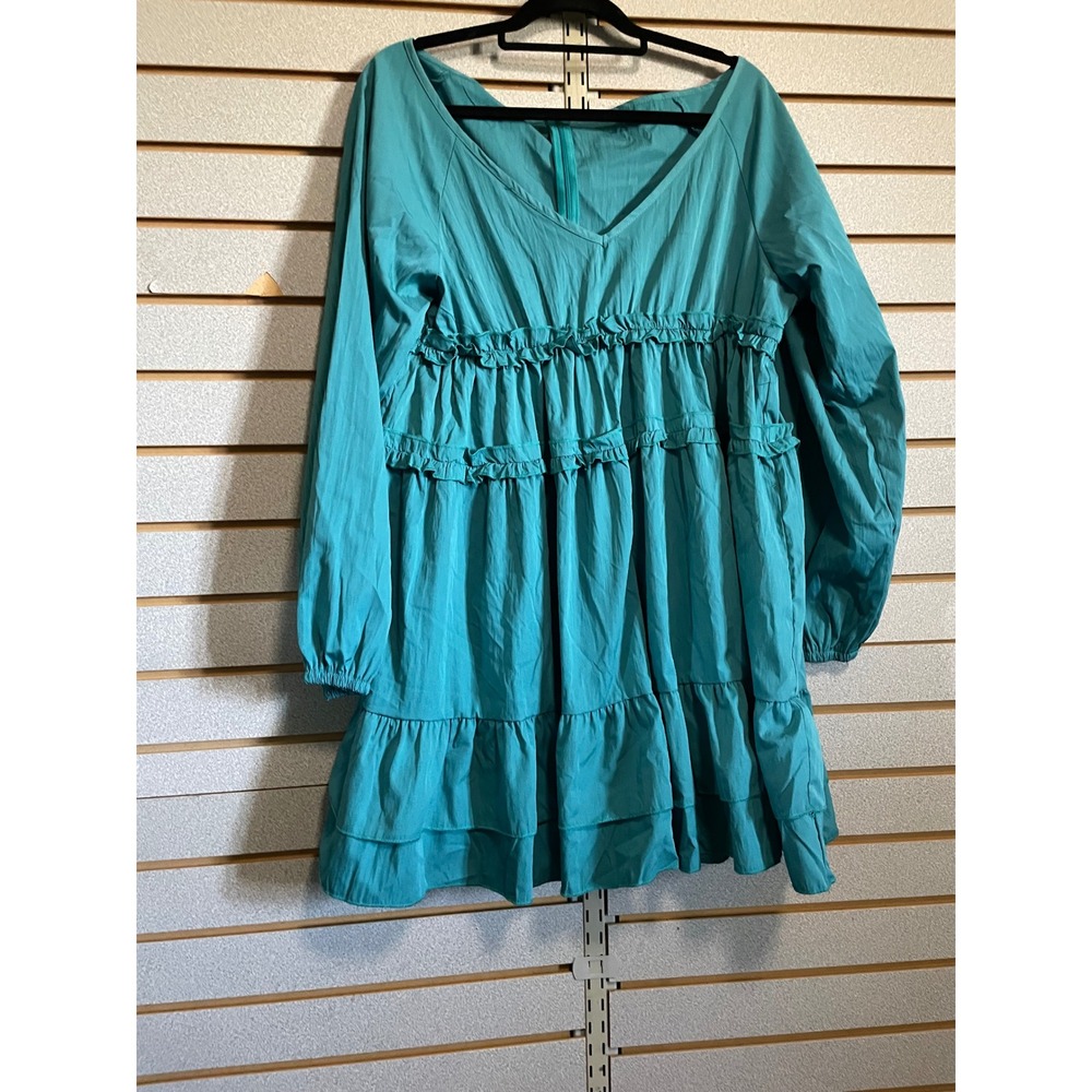 Teal Ruffle Tiered Mini Dress Long Sleeve‎ V Neck Casual Cute Large